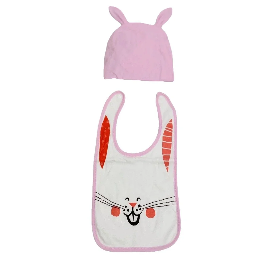 Baby Easter Bunny Hat & Bib Set Pink Rabbit Ears One Size NEW
